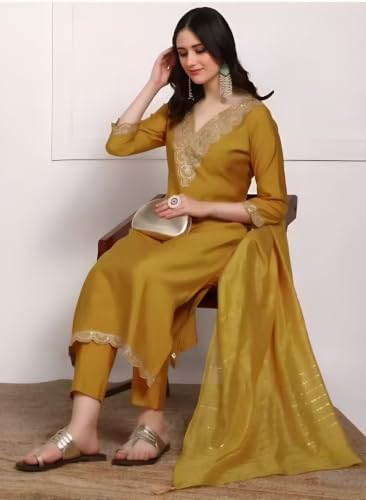 Image of Women's Viscose Rayon Embroidered Kurta Pant Set with Dupatta