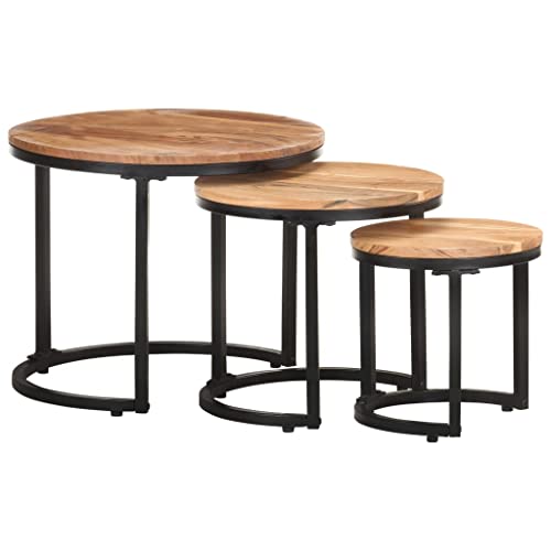 QUAHEAS Beistelltische 3er Set aus massivem Akazienholz, runder Couchtisch mit robustem Eisengestell, ineinander schachtelbar, für Wohnzimmer, Schlafzimmer und Büro QUAHEAS Beistelltische 3er Set aus massivem Akazienholz, runder Couchtisch mit robustem Eisengestell, ineinander schachtelbar, für Wohnzimmer, Schlafzimmer und Büro