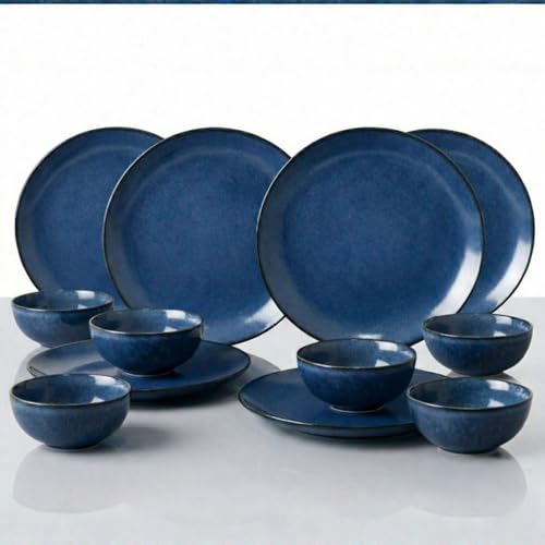 Image of Freakway Premium Reactive Glaze Dinner Set, Midnight Blue, Stoneware, 12 Piece, 6 Dinner Plates and 6 Serving Bowls, Round, Speckled Finish