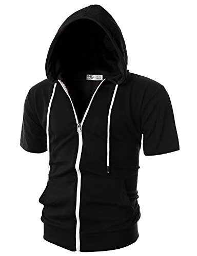 Ohoo Mens Slim Fit Short Sleeve Lightweight Zip-up Hoodie With Kanga Pocket/DCF007-BLACK-S