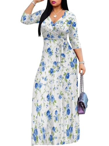 Image of Women's V Neck Floral Maxi Dress 3 /4 Sleeve Plus Size Boho Wrap Flowy Long Dresses with Belt