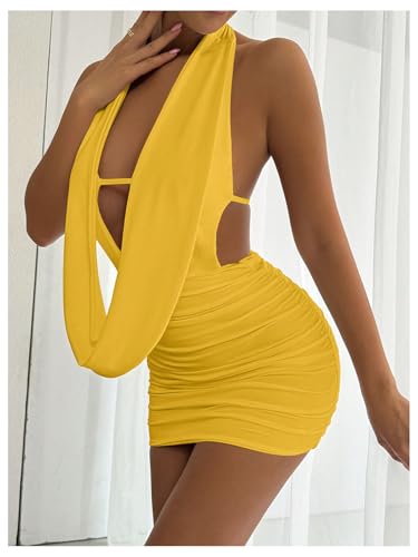 Image of SOLY HUX Women's Sexy Deep V Neck Halter Bodycon Mini Dress Sleeveless Party Club Dresses
