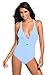 Shawhuwa Womens Sexy Retro V Neck Strappy One Piece Swimsuit Bathing Suit L Light Blue