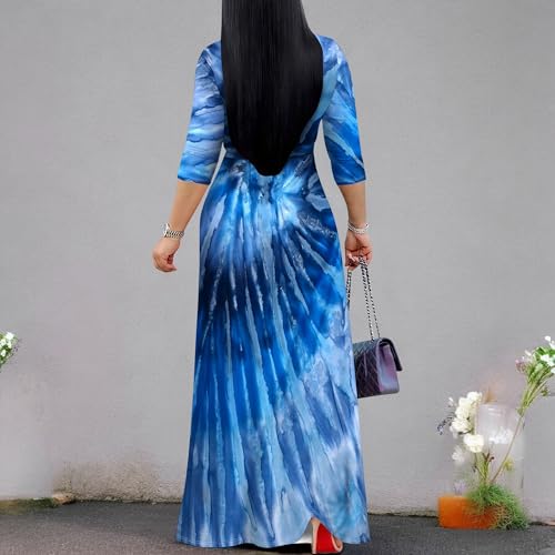 Image of SUZONANA Plus Size Maxi Dresses for Women 3 /4 Sleeve Wrap Boho Long Dress Blue Tie Dye Summer Beach Vacation Cruist Outfits
