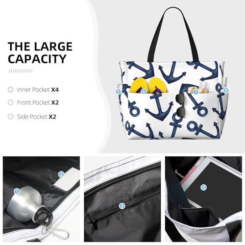 Navy Blue Anchor Large Beach Bag Waterproof Sandproof Swim Tote Pool Bag For Women With Zipper2