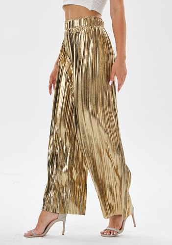 heipeiwa Women's Shiny Pleated Wide Leg Pants Party Nightout High Waist Trouser Folded Lightweight Outfit Clubwear3
