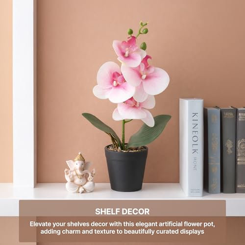 Image of Habere India-All the Cultures Fabricating India Pink Moth Orchid Artificial Plant with Pot for Home Decor | Small Fake Flower Plants for Living Room & Indoor Decoration (Design01: L9 x W9 x H31 cm)