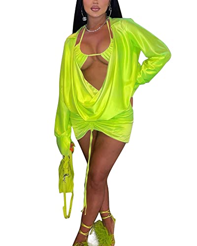 Image of Women's Sexy Long Sleeve Two 2 Pieces Outfits Sheer Mesh Mini Dress Skirt Set Top V Neck Backless Ruched Bodycon Cover Up