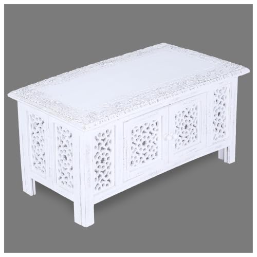 Woodify Hand-Carved Wooden Coffee Table – 36” x 18” Rectangular Mango Wood Center Table with Storage, White Antique Finish, Living Room & Accent Table