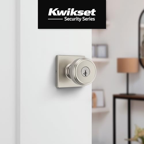 Image of Kwikset Maven Entry Door Knob with Lock and Key, Secure Keyed Handle Exterior, Square Front Entrance and Bedroom, Satin Nickel, Pick Resistant SmartKey Rekey Security and Microban