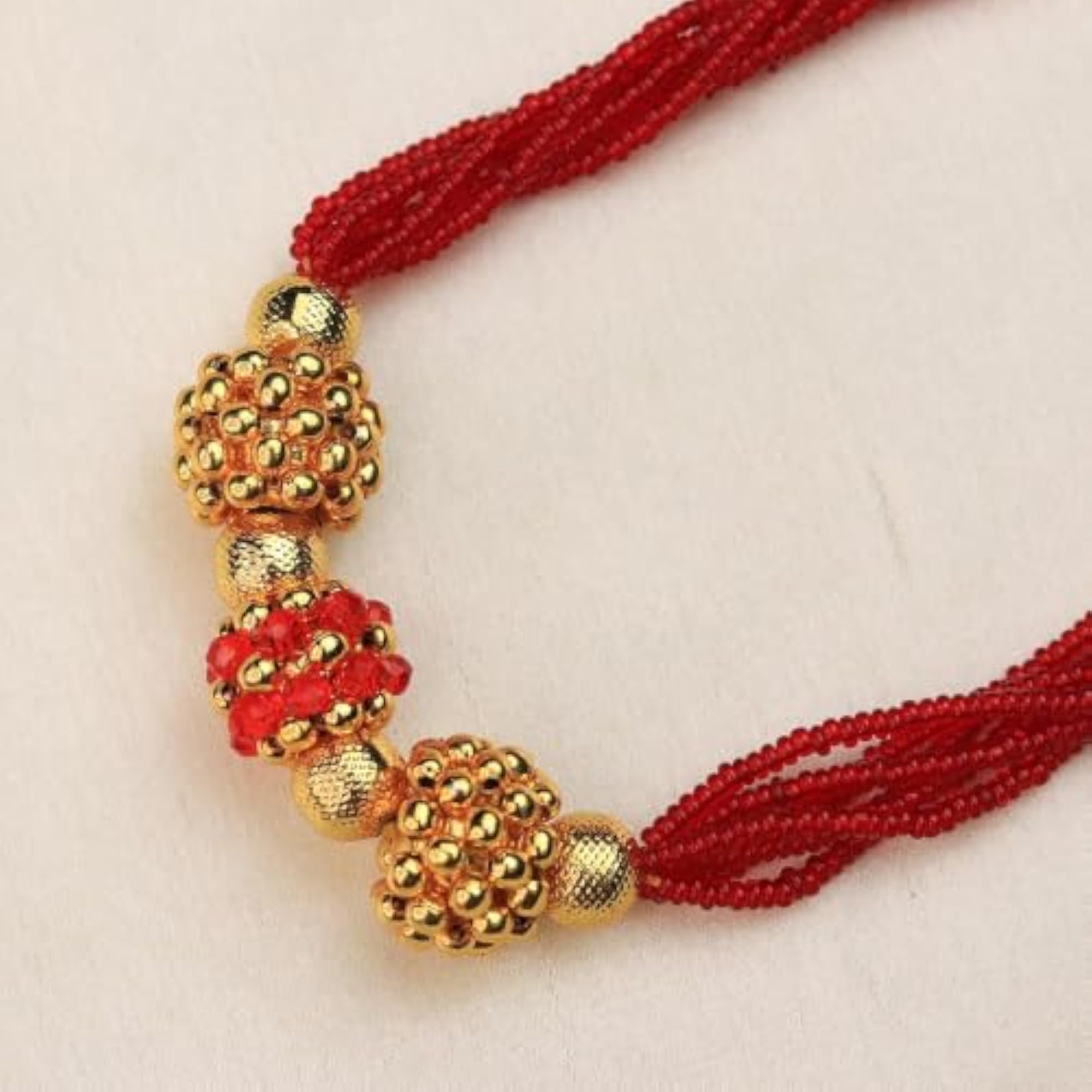 Women's Red Multi-Strand Beaded Gold Necklace & Earrings Set