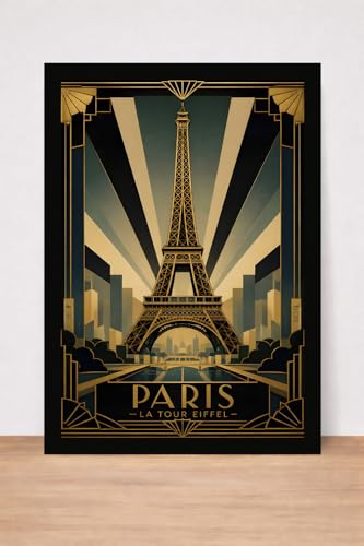 Image of Paris La Tour Eiffel Art Deco Poster, Vintage Travel Wall Art, Black and Gold.Eiffel Tower, Art Deco. Size A4