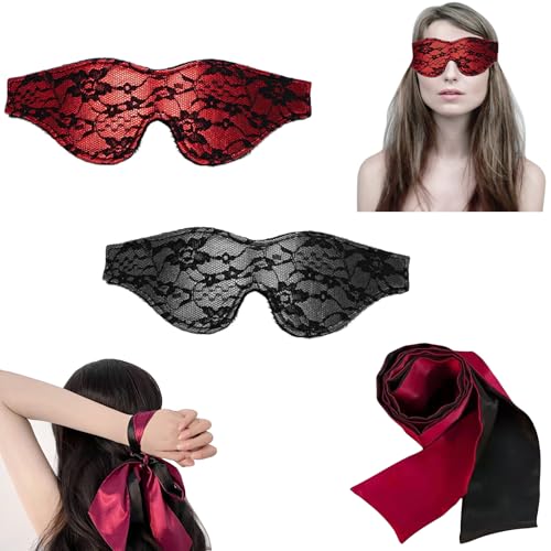 Blindfold for Adults Play Hand Tie Set 3 Pcs Silk Satin Eye Mask for Sleeping Games Silk Covers Sleep Mask Valentine Gift for Home Play Travel Office Use (A)