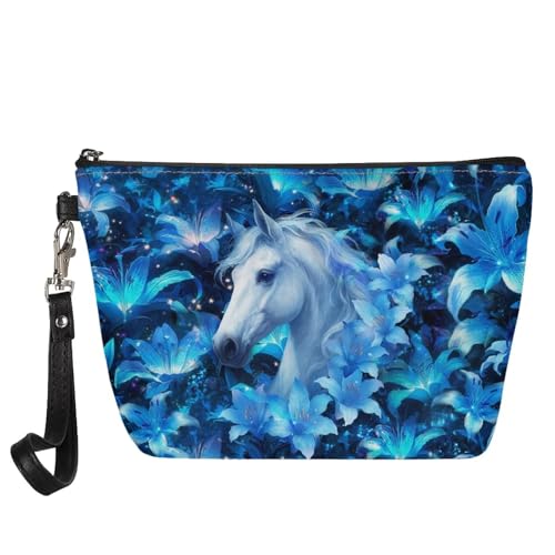 Howilath PU Leather Makeup Bag Waterproof Toiletry Storage Blue Horse Floral Women Cosmetic Pouch with Wrist Strap