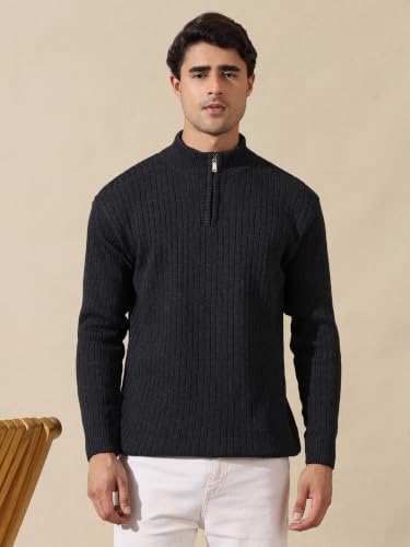 Image of Kvetoo Men High Neck Zipper Full Sleeve Woolen Winter Sweater