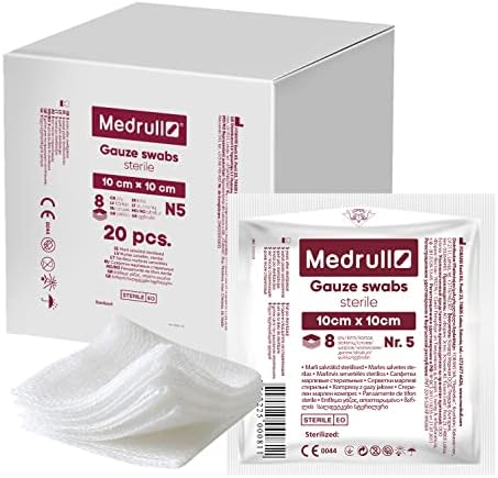 Medrull Gazki gazowe sterylne nieklejące się podkładki na rany, bardzo chłonne, 8-warstwowe, 10 x 10 cm, zapakowane 5 sztuk 20 torebek papierowych (100 sztuk)