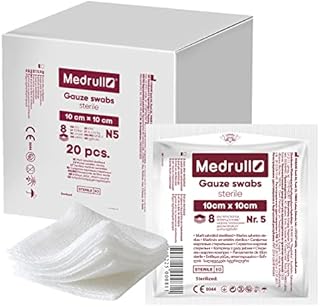 Medrull Gazki gazowe sterylne nieklejące się podkładki na rany, bardzo chłonne, 8-warstwowe, 10 x 10 cm, zapakowane 5 sztuk 20 torebek papierowych (100 sztuk)