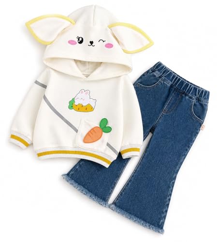 Image of Bold N Elegant Girl's Denim Solid Full Sleeve Bunny Print Sweatshirt Hoodie And Jeans With Frayed Hem