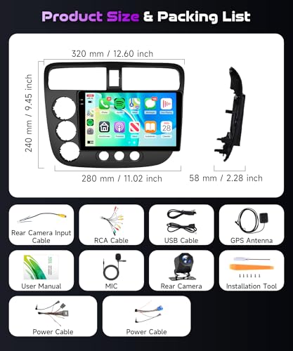 Image of [Android 15 /4G+128G] for Honda Civic 2001-2005 Android 15.0 Car Radio Stereo with Wireless Carplay /Android Auto 9 inch in-Cell Touchscreen 5Ghz-WiFi GPS Navigation Backup Camera EQ Bluetooth FM /RDS SWC