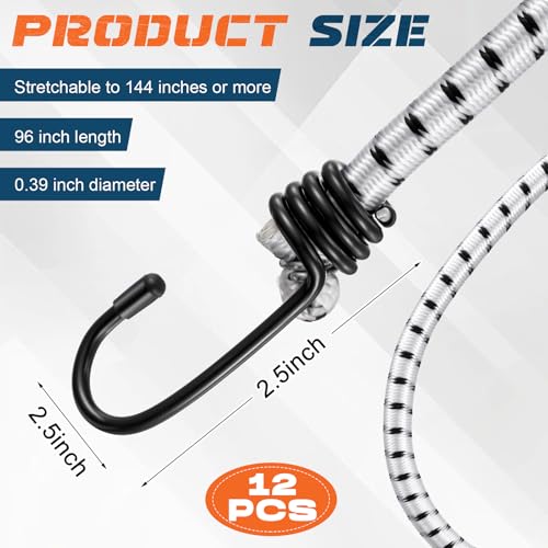 Image of 12 Pcs 96 Inch Extra Long Bungee Cords with Hooks 0.39 Inch Thick Heavy Duty Bungee Straps for Outdoors, Camping, Rvs, Bikes, Cargo (White+Black)