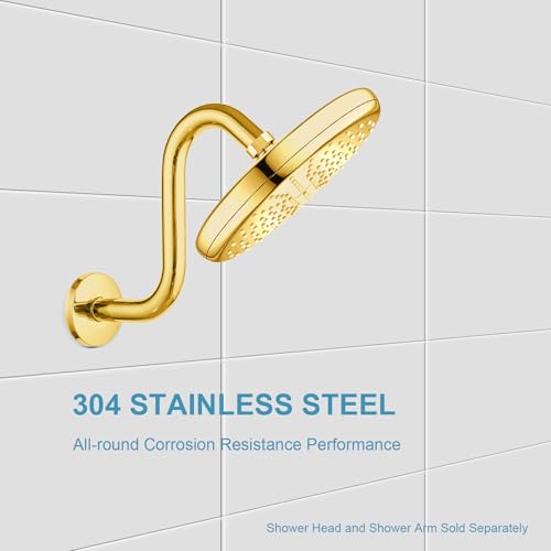 OFFO Shower Head Extension Arm 8 in, Bright Gold S Shaped Shower Arm with Flange High Rise Goose Neck Shower Arm Extension