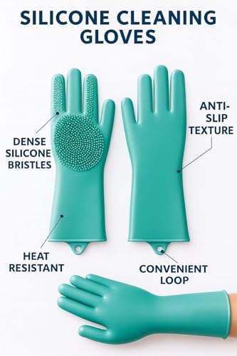 Image of Silicone Dishwashing Gloves with Built-In Scrubber | Reusable Cleaning Gloves for Kitchen & Household Use | Heat Resistant Hand Gloves for Washing Dishes & Plate Cleaning (Green, 1 Pair)