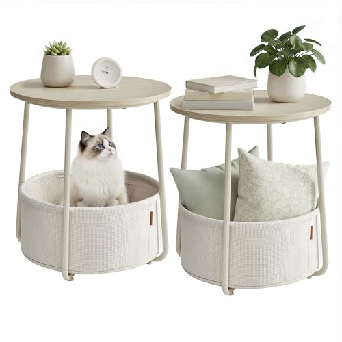 Image of VASAGLE LILEA Collection - Small Round Side End Table, Modern Nightstand with Fabric Basket, for Living Room, Bedroom, Set of 2, Cream White ULET225LL01S