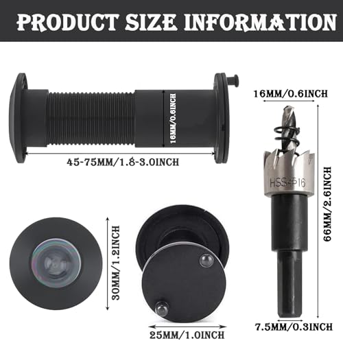 Türspion mit Sichtschutz 200° Weitwinkel Optische Glaslinsen Bohrloch Ø 16mm-21mm Messing Spion mit Bohrer Einstellbare Länge Türspion aus Messing für 35-60mm Dicke Türen (Mattschwarz)