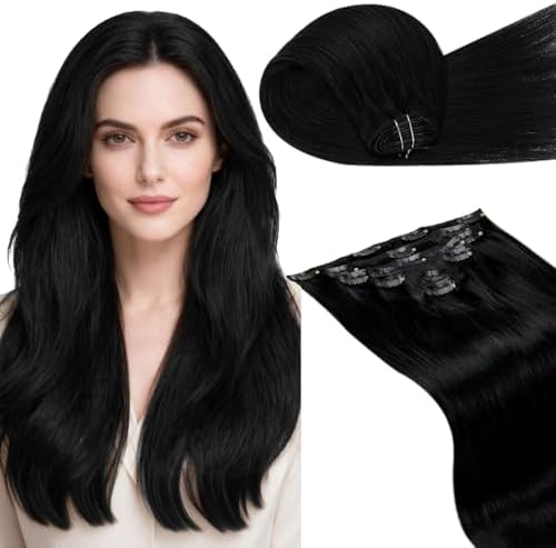 LaaVoo Black Clip in Hair Extensions Black Hair Extensions Clip in Jet Black Human Hair Clip ins Extension Silky Straight Full Head 18 Inch 7pcs 105g