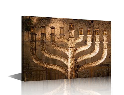 TISHIRON Canvas Wall Art Jewish Holiday Hanukkah Painting The Largest Judaism Burning Candles Picture for Living Room Vintage Menorah Artwork Framed Ready to Hang Poster and Prints 24x16 in