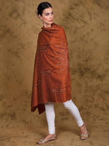 Women Kashmiri Pure Wool Shawl with Paisley Embroidered | Ethnic Woolen Stole, Scarf | Size - 78 In X 42 In4