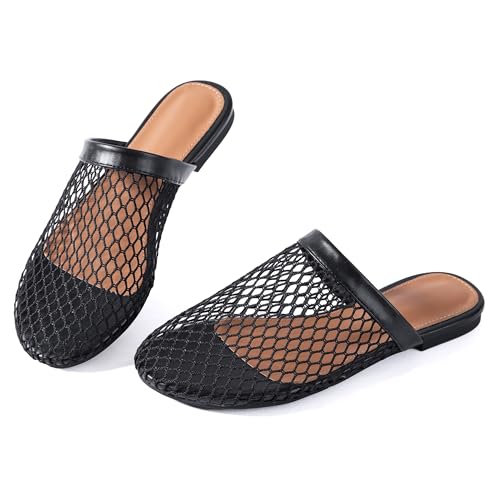 Mtzyoa Women Flat Sandals Mesh Knit Summer Breathable Openwork Cushioned Non Slip Slip-On Dressy Casual Vacation Bohemian Cute Slides Mule Sandals Black Size 8