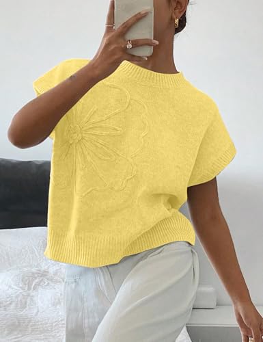 Image of 2026 Womens Floral Sweater Vest Cute Cap Sleeve Tops 3D Flower Decor Knit Tank Top Loose Spring Fall Summer Clothes