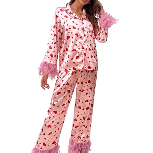 Nicoxijia Conjunto de pijama para mujer para el día de San Valentín, estampado de corazón, manga larga, con botones, pantalones y pantalones con ribete de plumas, B-rosa, XL | Ya disponible en tu tienda friki favorita! En mundofriki.es!