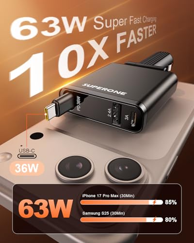 Image of SUPERONE Car Charger USB C Fast Charge,Ultra-Slim Retractable Car Charger for Car Accessories for Women Men,Car Charger Adapter for iPhone 17 16 15 14 13 12,Samsung,iPad,Airpods