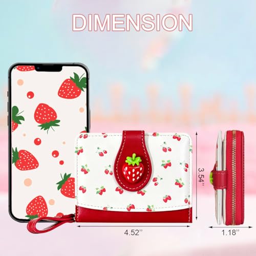 Image of Cute Print Wallet Blueberry Strawberry Cherry Wallet with Credit Card Slot Zipper Coin Pocket for Women Girls (RED STRAWBERRY)