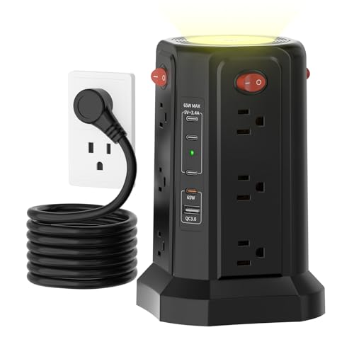 PASSUS Surge Protector Power Strip with PD 65W USB C Port, USB C Fast Desktop Charging Station with 12 Widely Spaced AC Outlets|4 USB C|1 USB A|Night Light, 10FT Extension Cord for Home Office Dorm