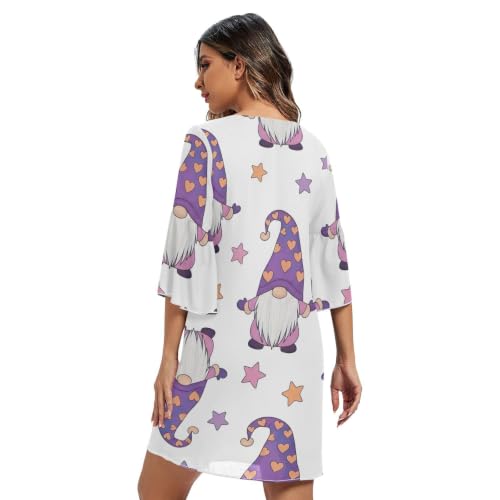 Robe d'été blanche fluide manches 3/4 imprimé nain violet pour femme - 2