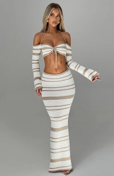 Set Gonna da Donna in Maglia all'Uncinetto in 2 Pezzi Top in Maglia con Volant Gonna Lunga Aderente a Righe Copricostume da Spiaggia Streetwear(Brown,L)
