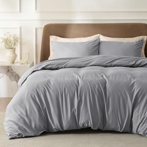 Bedsure Double Duvet Cover Set - Brushed Microfiber Bed Cover Set with Zipper Closure, Quilt Bedding Cover with 2 Pillowcases, Light Grey