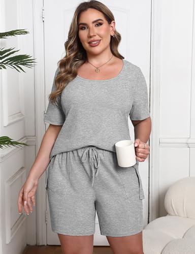 Image of Womens Plus Size Pajama Sets 2 Piece Summer Outfits Short Sleeve Tops Shorts with Pockets for Lounge Sleepwear