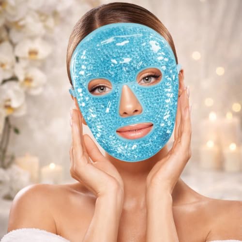 Image of Reusable Ice Gel Face Mask - Hot & Cold Therapy Full Face Pack for Puffy Eyes, Dark Circles, Headache Relief & Skin Care, Cooling Gel Facial Mask for Men & Women, Reusable Flexible Gel Ice Pack
