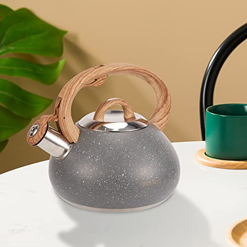 Tea Kettle, 2.1 Quart Grey Loud Stovetop Whistling Teapot, Wood Pattern Handle Food Grade Stainless Steel Teapot, Suitable For Tea, Coffee, Milk #TOP6