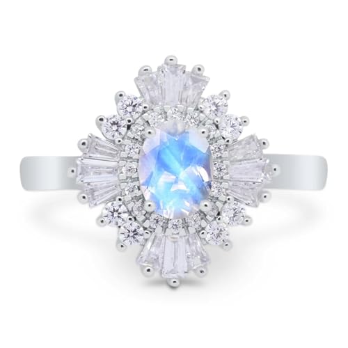OMRANII Floral Art Deco Ring Oval Natural Moonstone Halo Tapered Baguette Cubic Zirconia Vintage Style Wedding Engagement Rings For Women 925 Sterling Silver Gifts For Her - Main Image