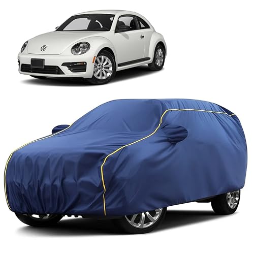 Image of Sulfar 100% Water Resistant Car Body Cover Compatible with Mirror for Volkswagen Beetle (Triple Stitched, Full Bottom Elastic, Blue Taffeta with Yellow Piping)