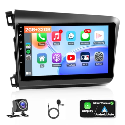 Car Stereo Radio for Honda Civic 2012 2013 2014 2015, Wireless Carplay Android Auto, 9 inch IPS Screen for Civic, GPS Navigation,Bluetooth,FM,SWC,Backup Camera, 2G+32G (Fit for Honda Civic 2012-2015)
