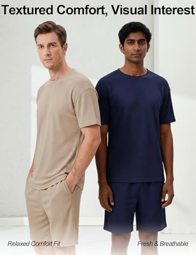 Image of Venzina Men's Waffle-Knit T-Shirt & Shorts Set Breathable Stretchable Lounge Wear Loose Fit Night Suit for Home, Travel