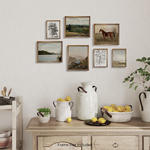 Rustic French Country Wall Art Decor - Boho Art Deco Victoria Picture Bathroom - Modern Farmhouse Kitchen Poster Print - Aesthetic Vintage Landscape Set, Horse Lake Mountain Tree Sketch Meadow Nature #TOP4