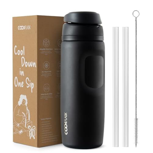 Image of Coolflask MegaSip Stainless Steel Water Bottles 24 oz with Straw, Insulated Water Bottle Leak-Proof, 24+ Hours Cold, BPA-Free Dishwasher Safe, Water Flask for Sports Gym Work Office, Midnight Black