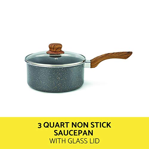 BELLA 12 Piece Wood Grain Pattern Handle Set Nonstick Cookware, Gray Speckle 6 Gallery Image